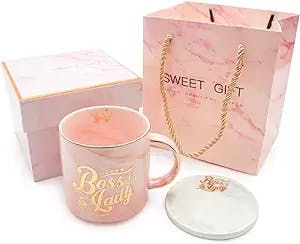 Boss Lady Pink Marble Ceramic Coffee Mug 11.5 Oz with Coasters Birthday Gifts for Women Mom and Girl Female Entrepreneur Business Owner Coffee Mug