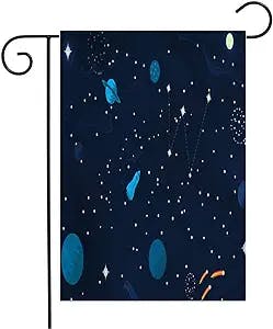 Welcome Garden Flag Cosmic Star Start Adventure Space Flat Planets Concept Stars Startup Satellite Design Cosmos UFO Seasonal Garden Flags for Patio Lawn Outdoor Home Decor Gift 12 X 18 Inch