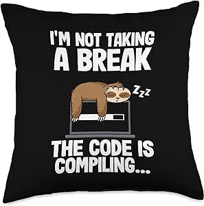 Computer Engineer & Software Developer Sloth Gifts Compiling Coder Sloth Coding Funny Programmer Throw Pillow, 18x18, Multicolor