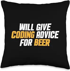 Programmer & Software Engineer Gifts Programmer, Developer Funny Give Coding Advice for Beer Throw Pillow, 16x16, Multicolor