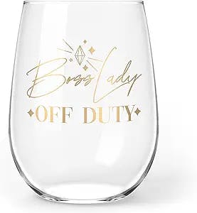 Loco Llama Boss Lady Off Duty Stemless Wine Glass | 17oz Tumbler with Inspirational Quote | Embellished with Real Gold | Self Care Gift For Working Women, Entrepreneurs & Business Owners