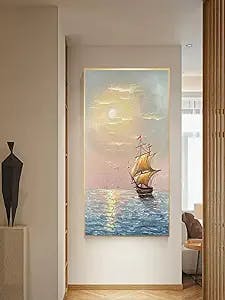 100% Hand Painted Oil Painting Landscape Painting 3D Sailboat Modern Abstract Painting Home Decoration Living Room On Canvas for Startup Studio Company Living Room Bedroom Gift,48×96Inch(120×240Cm)