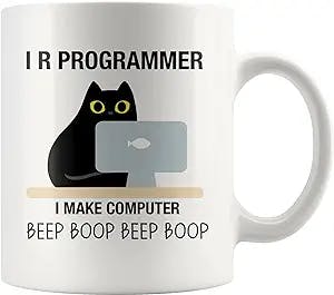 Panvola I R Programmer I Make Computer Beep Cat Lover Programming Student Graduation Gift Ceramic Coffee Mug (11 oz)