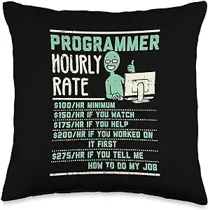 Funny Software Engineer Gifts Programmar Hourly Rate Throw Pillow, 16x16, Multicolor