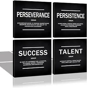 KAWAHONE Success Motivational Wall Art, Talent Perseverance Persistence Quotes Poster Framed, Wall Decor for Home Office Workplace Inspirational Gift for Entrepreneurs Friends, 12’’ x 12’’ x 4 Pcs