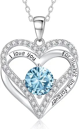Lanzer 925 Sterling Silver Necklaces for Women, Birthstone Diamond Heart Pendant for Christmas, Anniversary Jewelry Gift for Her Wife, Girlfriend Necklaces Gift for Valentines Day