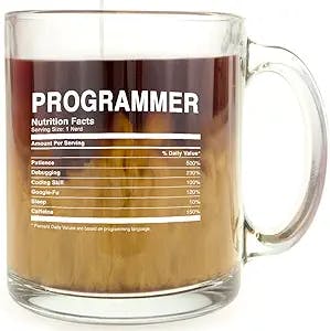 Programmer Nutrition Facts - Coding Nerd Glass Coffee Mug - Makes a Great Geek Gift For IT Support, Computer Science Engineer Graduates And Software Developer Programmers Under $15!