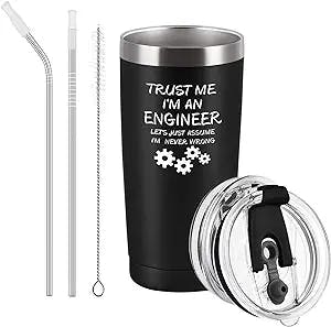 Cpskup Trust Me I'm an Engineer Funny Gift Stainless Steel Insulated Travel Tumbler with 2 Lids and Straws, Birthday Christmas Engineer Gifts for Engineer Dad Coworker Boss Friends Men(20 oz, Black)