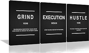 Urttiiyy Grind Hustle Execution Entrepreneur Quotes Inspirational WallArt Canvas Prints Motivational Wall Decor Entrepreneur Quotes Office Posters 3Panels for Living Room,Bedroom Framed Ready to Hang