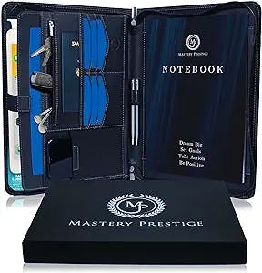 Mastery Prestige Zippered Portfolio/Padfolio Organizer - PU Leather Case with Tablet Sleeve, A4 Notebook, Phone & Business Cards Holders - Professional Interview Document Binder, File Folder