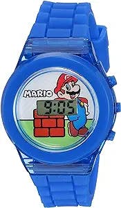 Nintendo Accutime Super Mario Boys' Quartz Digital Kids Watch - 17mm Watch Dial LCD Display, Included LED Flashing Lights, Blue Silicon Plastic Band