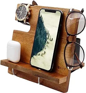 WUTCRFT - Wooden Phone Docking Station/Bedside Nightstand Organizer for Phone, Wallet, Watch, Glasses and Airpods, Perfect as a Desk Organizer Station, Anniversary or Birthday Gift, and Gifts for Men