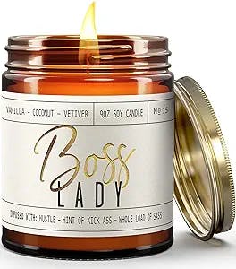 Boss Lady Gifts for Women - 'Boss Lady' Soy Candle, w/Vanilla, White Coconut & Vetiver I Best Boss Gifts for Women I Girl Boss Female Gifts I 9oz Reusable Glass Jar, 50Hr Burn Time, 9oz, Made in USA