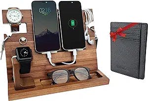 ETERLUCK Wooden Docking Station Men, Nightstand Organizer Bundle w/ RFID Blocking Leather Wallet - Charging Station, Cell Phone Stand, Tablet Stand, Husband Gifts from Wife, for Dad - Walnut